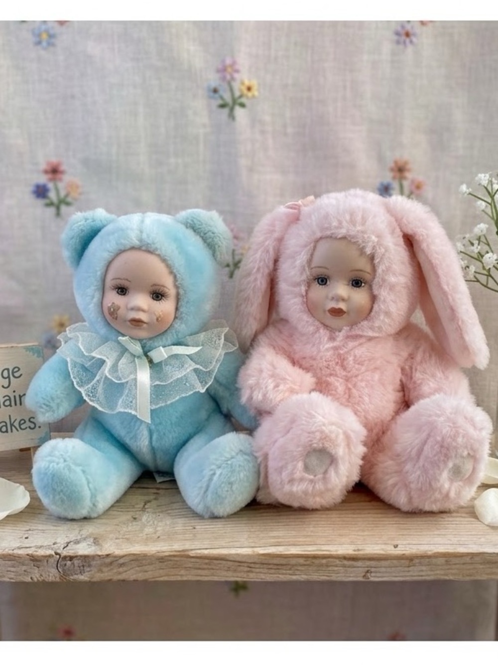 Vintage Porcelain Face Plush Dolls Set Blue Bear Pink Bunny Easter Decor 8” Duo